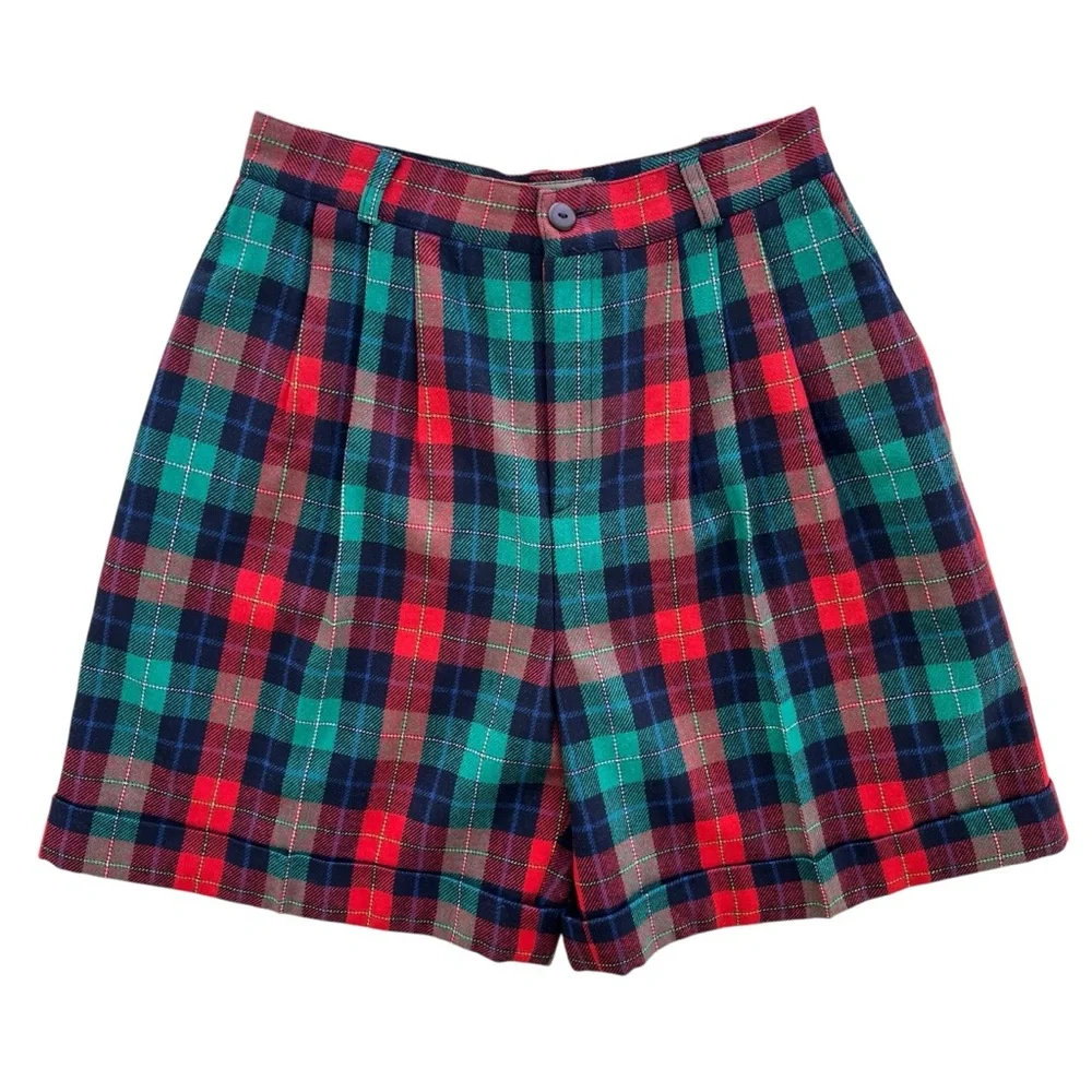 Signature Expressions Women 14 Red Green Plaid Wool Blend Culotte Pleated Shorts